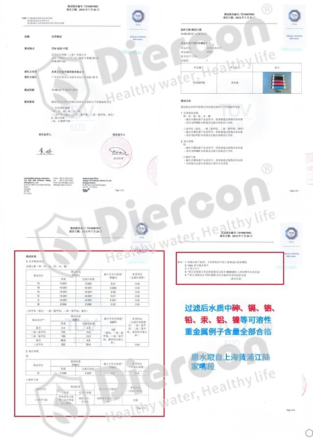 康米爾KP02軍用便攜微型凈水器德國TUV重金屬離子含量測試報告